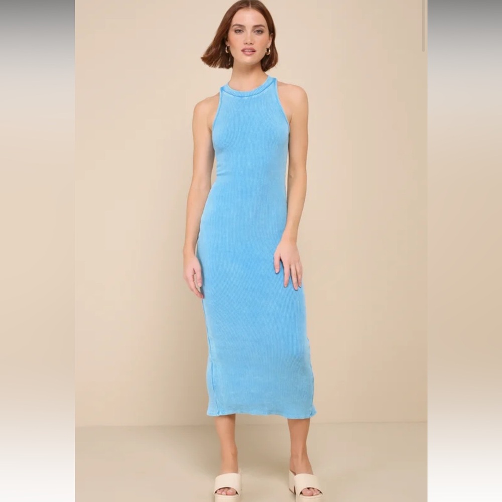 NWT Lulus Washed Teal Blue Ribbed Sleeveless Midi Dress